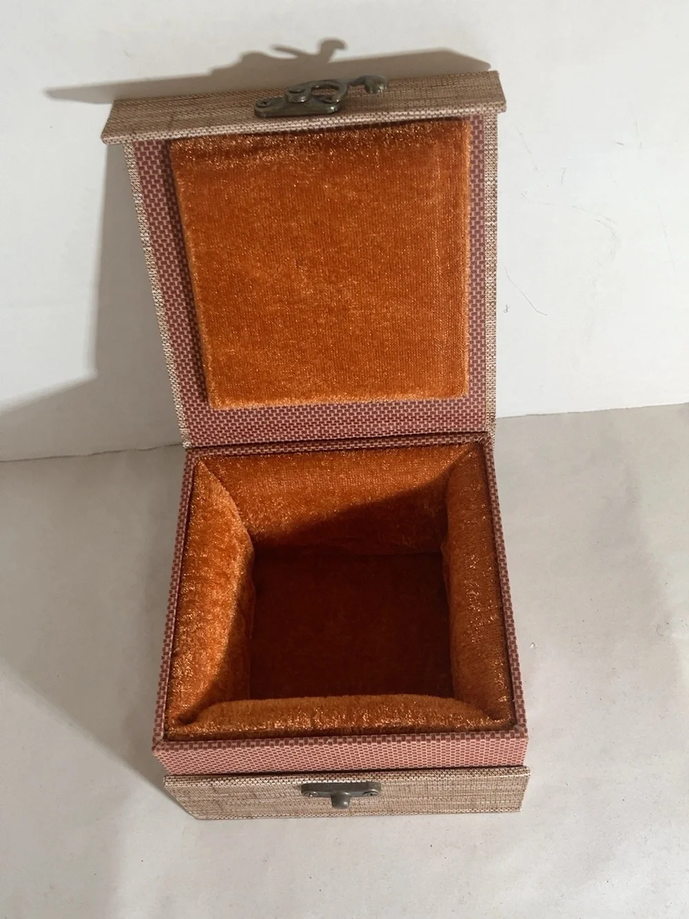 Small Fabric Covered Jewelry Trinket Box Orange Velvet Lined Brass Tone Latch 5”